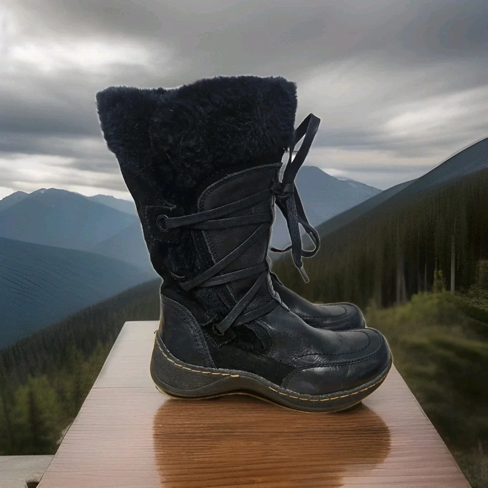 Bear Traps Black Eloquent‎ Winter Boots Faux Fur size 6M Zip & Tie EUC